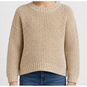 Pink Angel Girls Tan Beige Open Knit Crew Neck Sweater Size M 10/12 High Low Hem